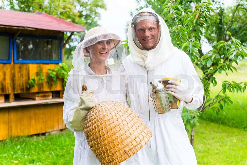 Beekeeper team working outdoor with smoker and beehive , stock photo