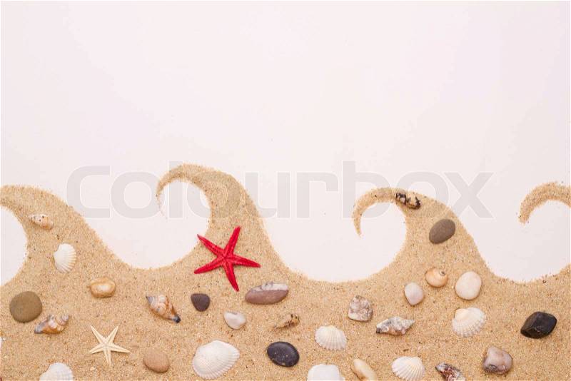 Sand and sea shells isolated . Beach sand with sea shell and star fish postcard, stock photo