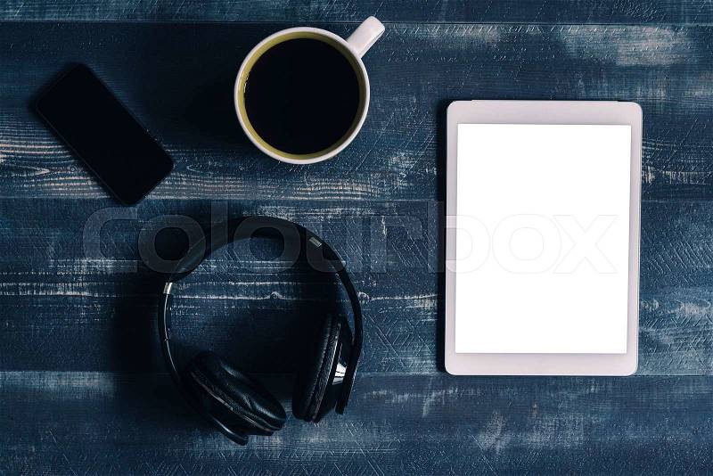 Mini office concept with tablet pc blank screen, stock photo