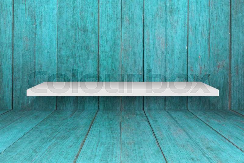 White shelf with old blue wooden interior texture background, stock photo