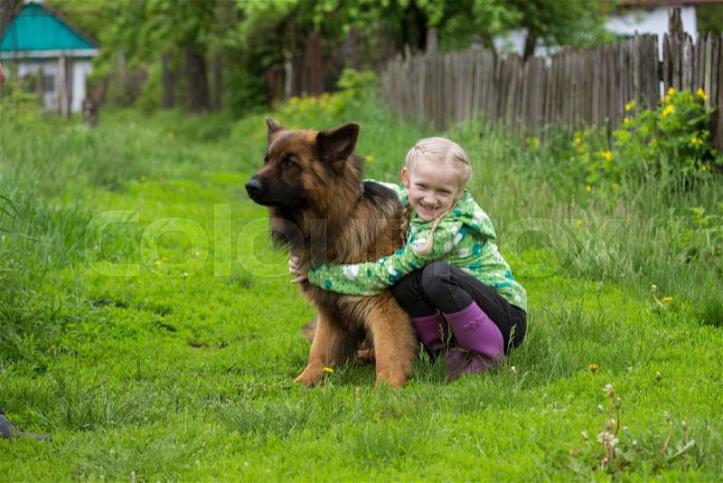 Little girl with big dog shepherd , stock photo