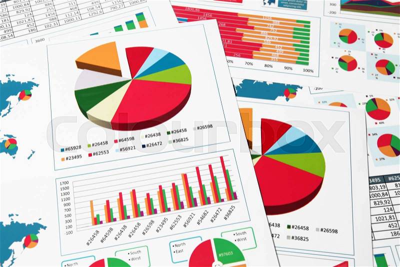 Financial paper charts and graphs in report, stock photo