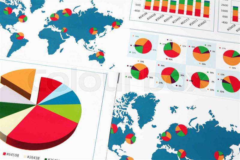 Charts, graphs and diagrams reports with world maps, stock photo