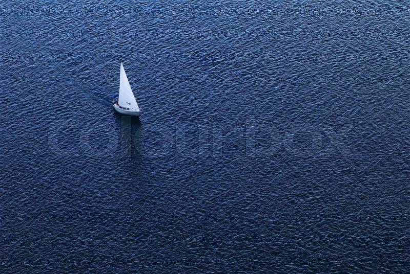 Lonely yacht. The top view, stock photo