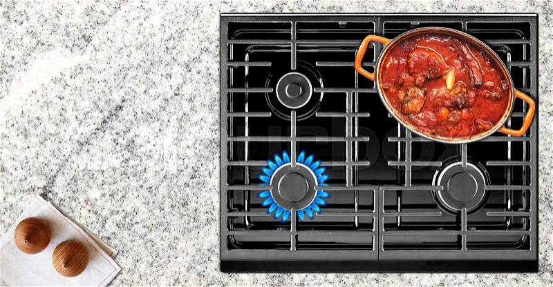 Close-up of cooking food on stove top view, stock photo
