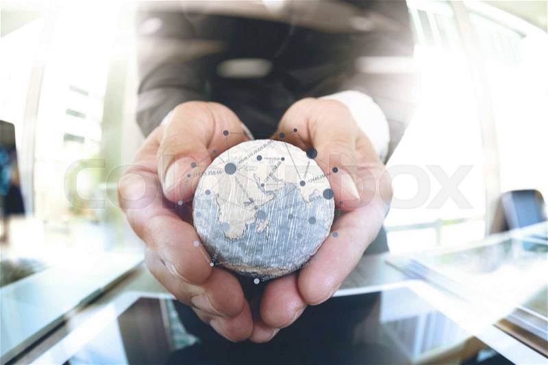 Close up of businessman hand showing texture the world with digital social media network diagram concept Elements of this image furnished by NASA london city background, stock photo
