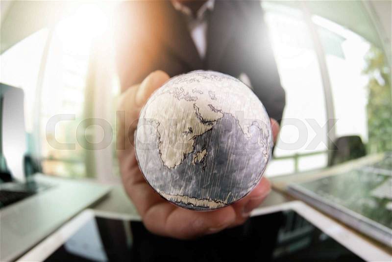 Close up of businessman hand showing texture the world with digital social media network diagram concept Elements of this image furnished by NASA , stock photo