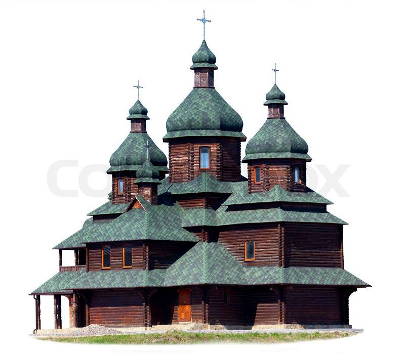 Wooden church isolated on white, stock photo