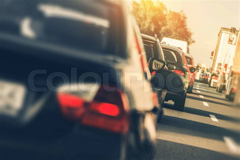 Heavy Two Lanes Highway Traffic. People Driving Back From Holidays. Vacation Time Traffic, stock photo