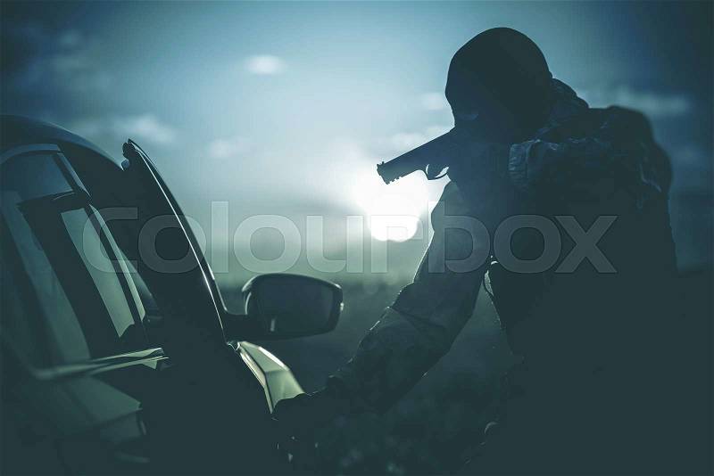 Vehicles Check Point Made by Police. Policeman in a Mask Points Gun at Suspicious Car Passenger. Anti Terrorism Check Point. Military Check Point, stock photo