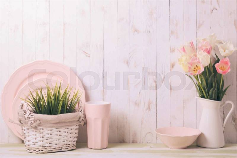 Kitchen table top in rustic shabby chic style, pink decorations, stock photo
