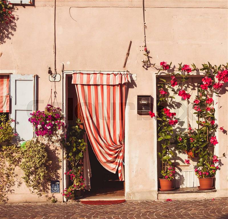 Italian yard with flowers and ornamental plants, stock photo