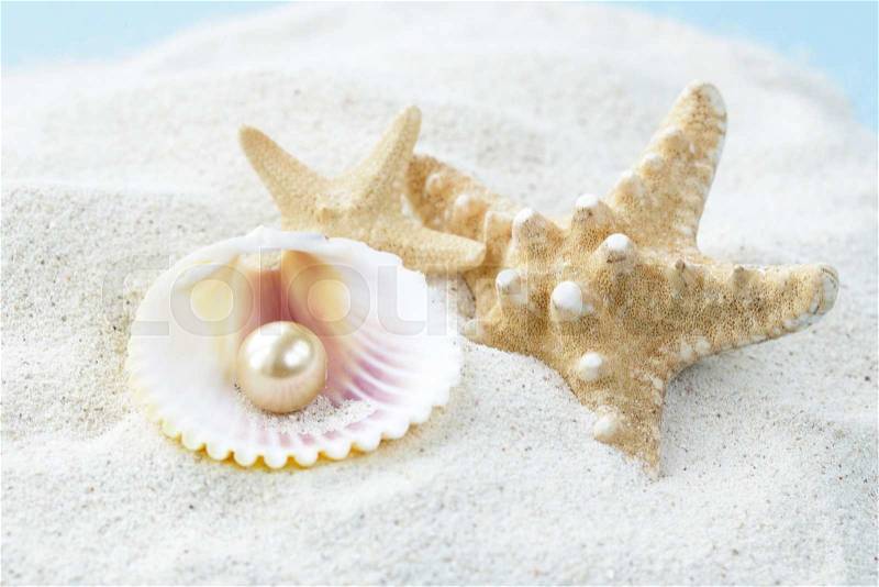 Starfish and shells with pearls on the white sand, stock photo