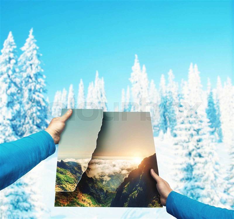 Male hands holding picture of summer landscape against winter mountains, stock photo