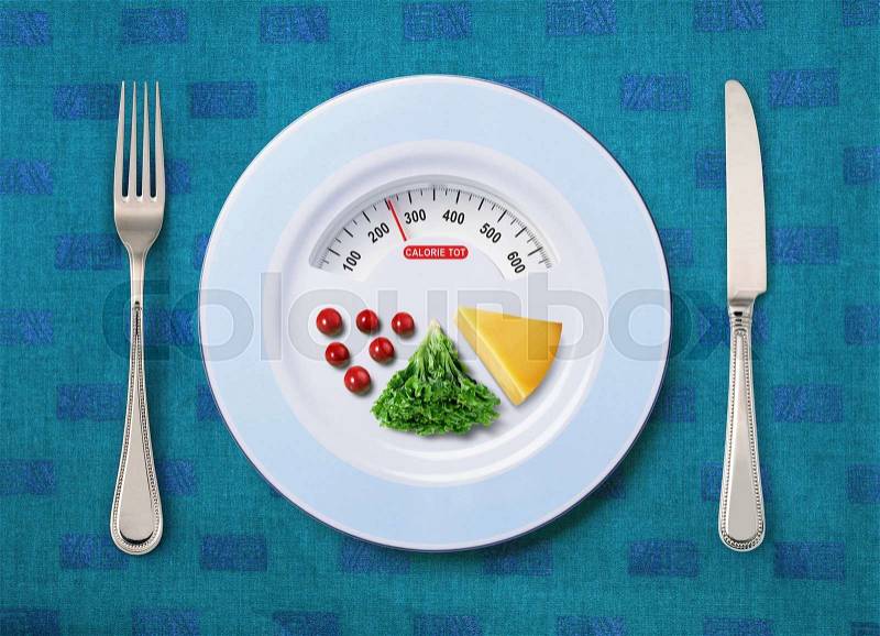 View of calorie tot in food that on white plate, stock photo