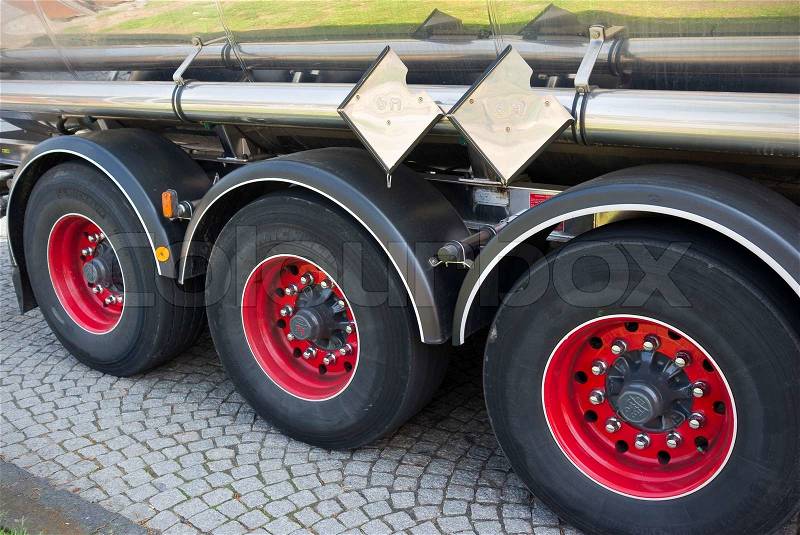 Detail of a huge tanker truck seen in a picnic area along a German motorway, stock photo