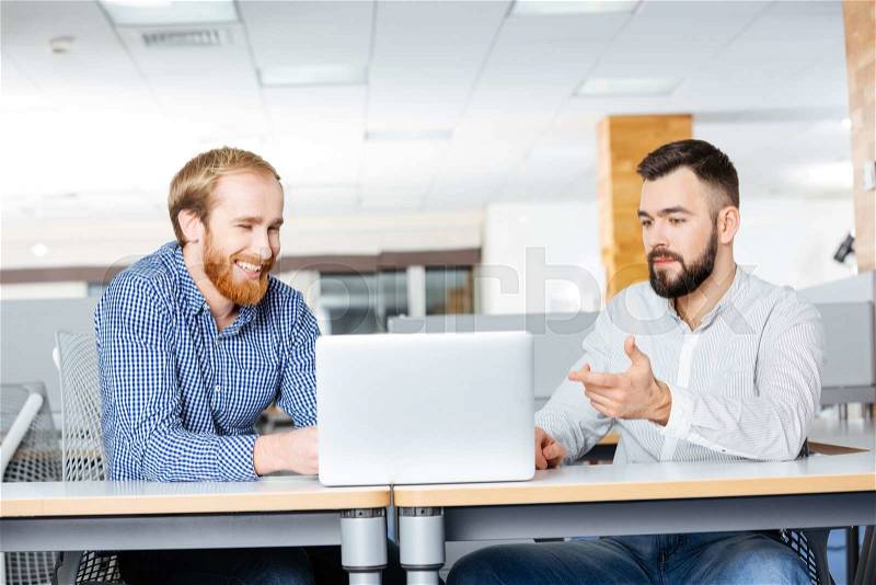 Two happy bearded businessman working with laptop in office together, stock photo