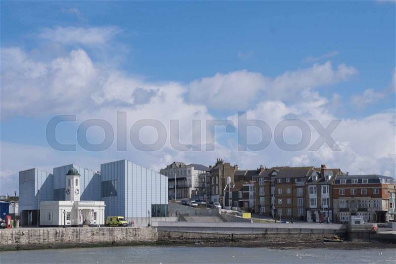 Coastline of Margate, with the Turner Contemporary art gallery and the Tourism Info, Kent, UK, stock photo