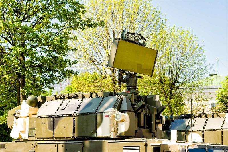 Air defense radars of military mobile antiaircraft systems, modern army industry, stock photo