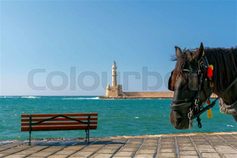 The horse-drawn carriage on the central promenade of Chania, stock photo