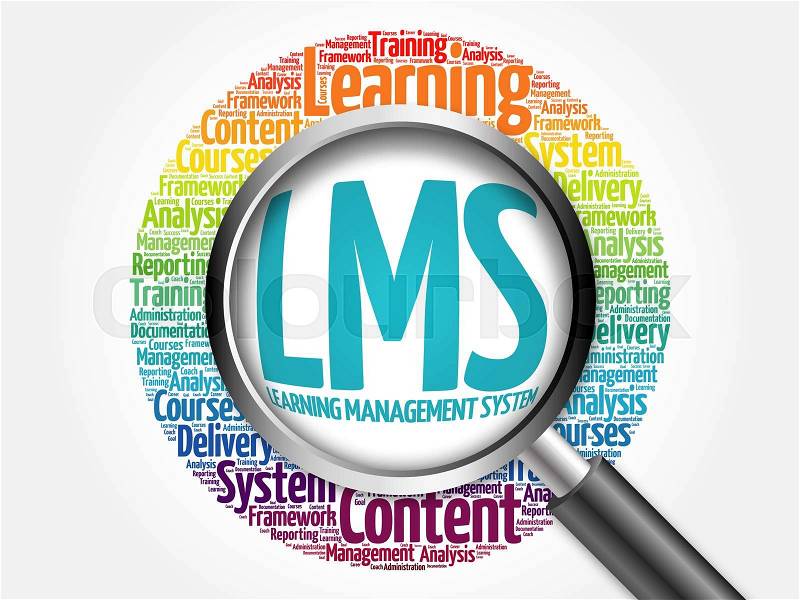 Learning Management System (LMS) word cloud with magnifying glass, business concept, stock photo
