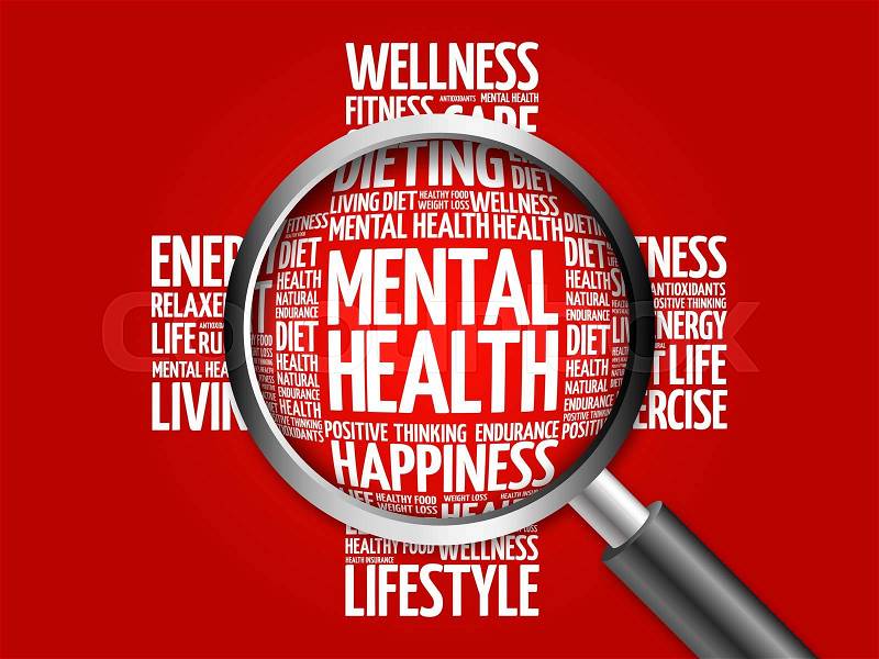 Mental health word cloud with magnifying glass, health concept, stock photo