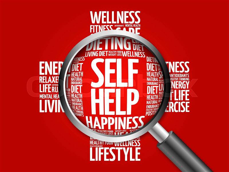 Self Help word cloud with magnifying glass, health concept, stock photo