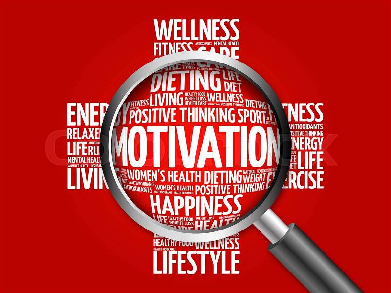 MOTIVATION word cloud with magnifying glass, health concept, stock photo