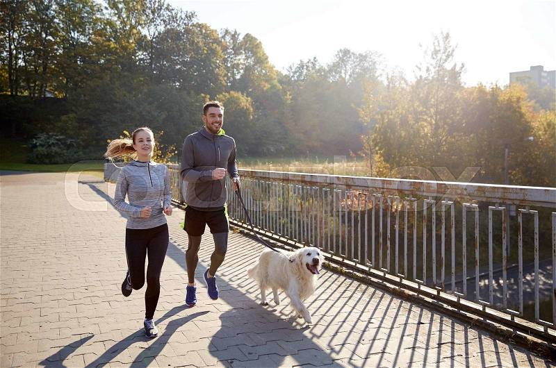 Fitness, sport, people and jogging concept - happy couple with dog running outdoors, stock photo