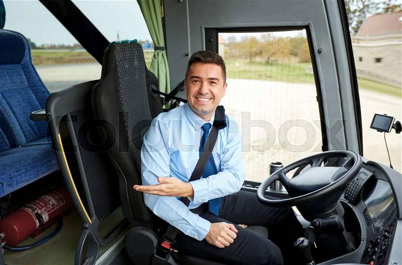 Transport, tourism, road trip, gesture and people concept - happy driver inviting on board of intercity bus, stock photo