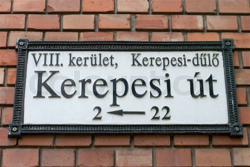 Plaque with the name of the street in Budapest, stock photo
