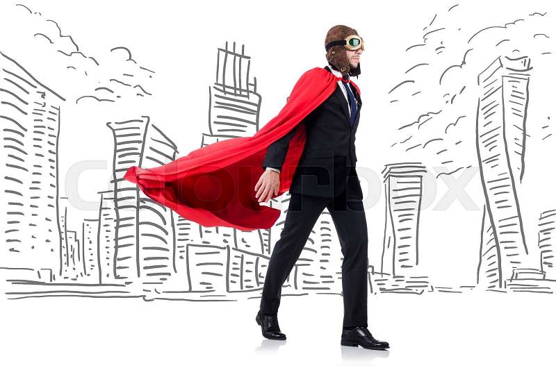 Man in red cover with skyscapers at the background, stock photo
