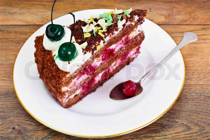 Schwarzwald Cake, Whipped Cream, Black and White Chocolate, Decoration, Green Cocktail Cherry Studio Photo, stock photo