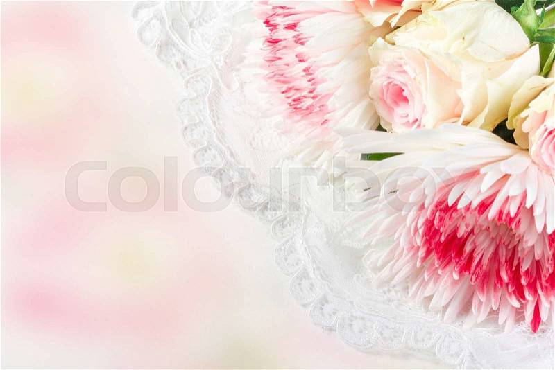 Wedding background with roses, chrysantemums and lace, stock photo
