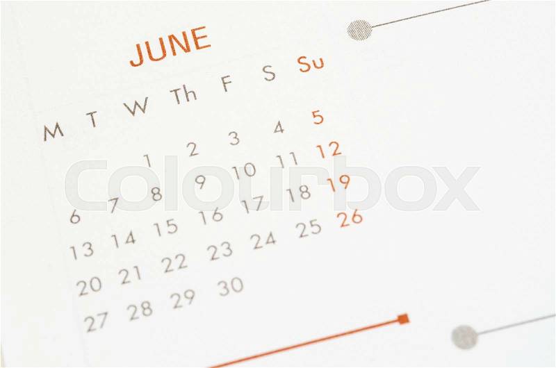 Close up wall Calendar June seet, stock photo