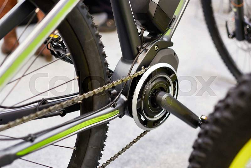 Motor electric bicycles in front of the carriage pedals, stock photo