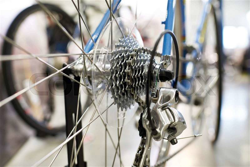 Carriage with chain rear wheel sports mountain bike closeup, stock photo