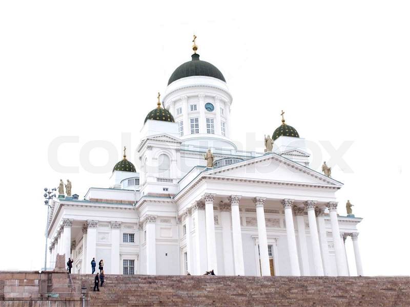 Cathedral of Helsinki Finland, isolated towards bright grey sky, stock photo