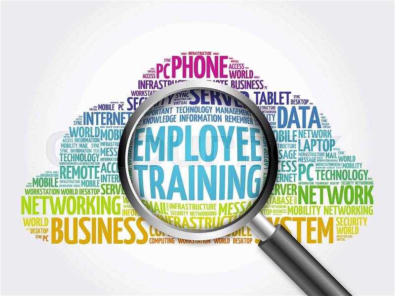 Employee Training word cloud with magnifying glass, business concept, stock photo