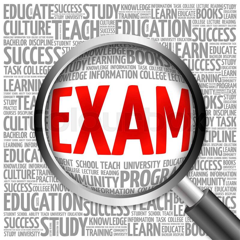EXAM Word education collage with magnifying glass, concept, stock photo