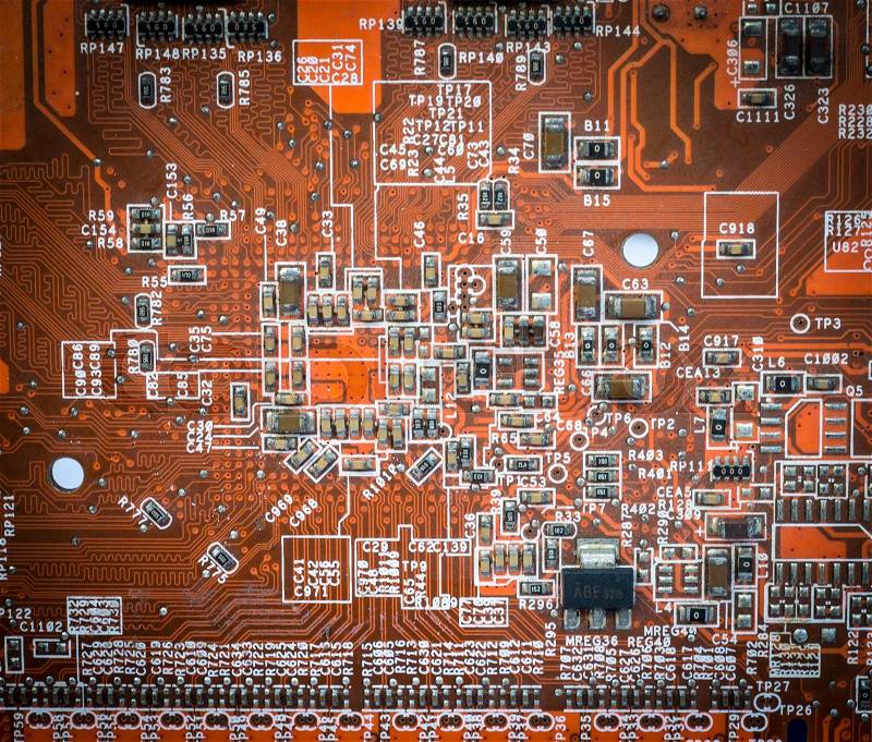 Detail of an electronic circuit on computer graphic card , stock photo