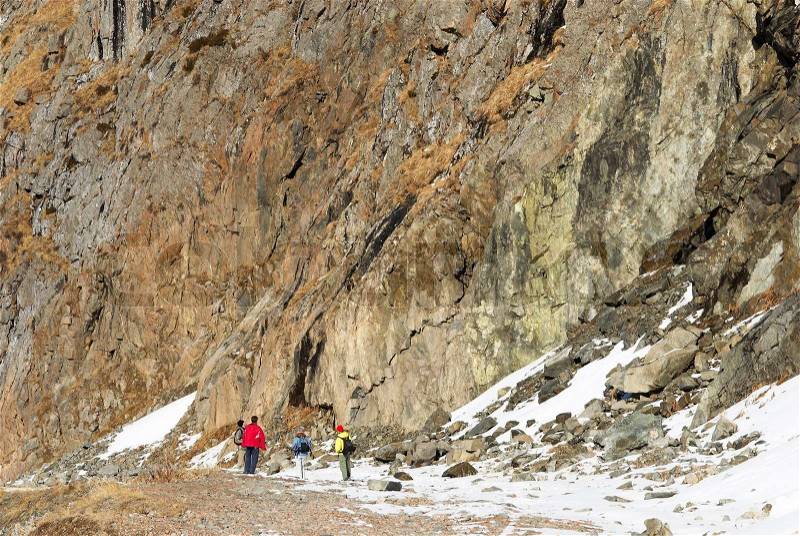 Tourists and great rocks Kazakhstan, TyanShan mountains, Small Almaty gorge, stock photo
