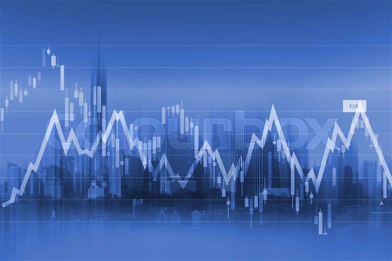 Currency Trading Background with Graph Stats and Modern Cityscape in the Background. , stock photo