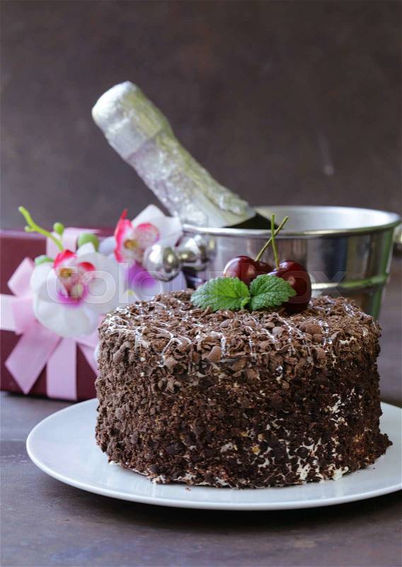 Chocolate cake with fresh cherries (Black Forest, Schwarzwald), stock photo