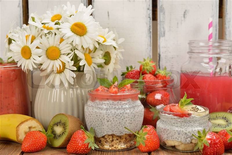 Diet desserts and drinks with chia seeds and strawberries, stock photo