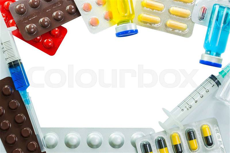 Medical frame of Stethoscope pill ampules and syringe isolated on white background, stock photo