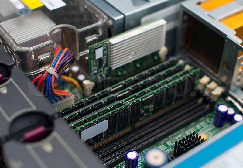 Inside of server pc. Motherboard and RAM memory, stock photo