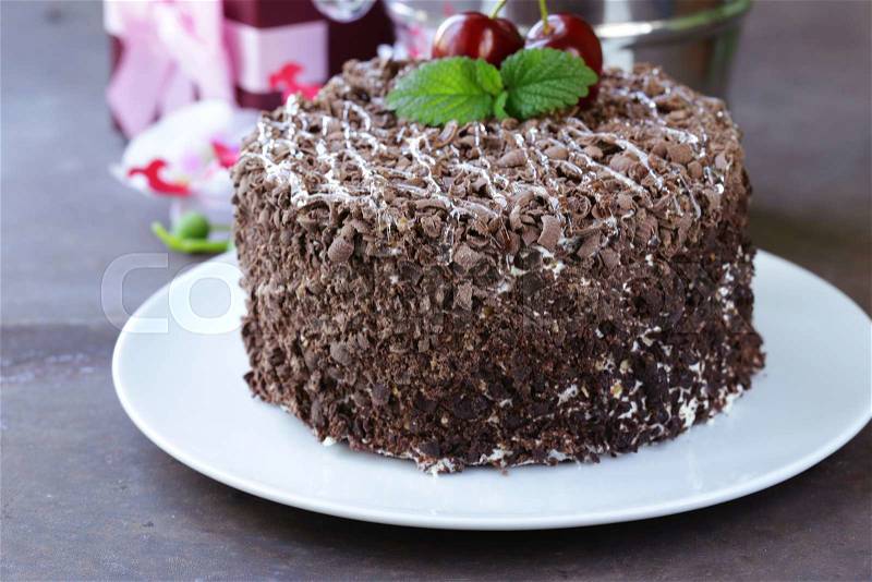 Chocolate cake with fresh cherries (Black Forest, Schwarzwald), stock photo