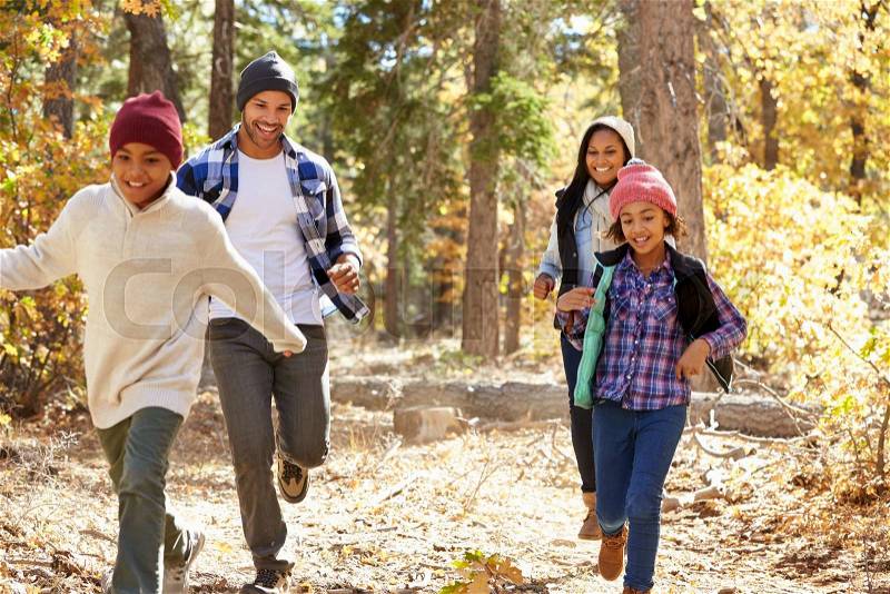 African American Family Walking Through Fall Woodland, stock photo
