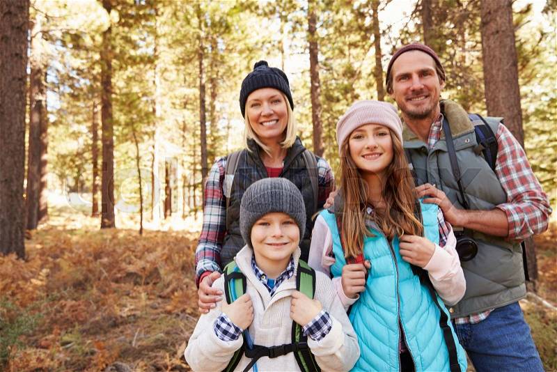 Group portrait of family on hike in forest, California, USA, stock photo
